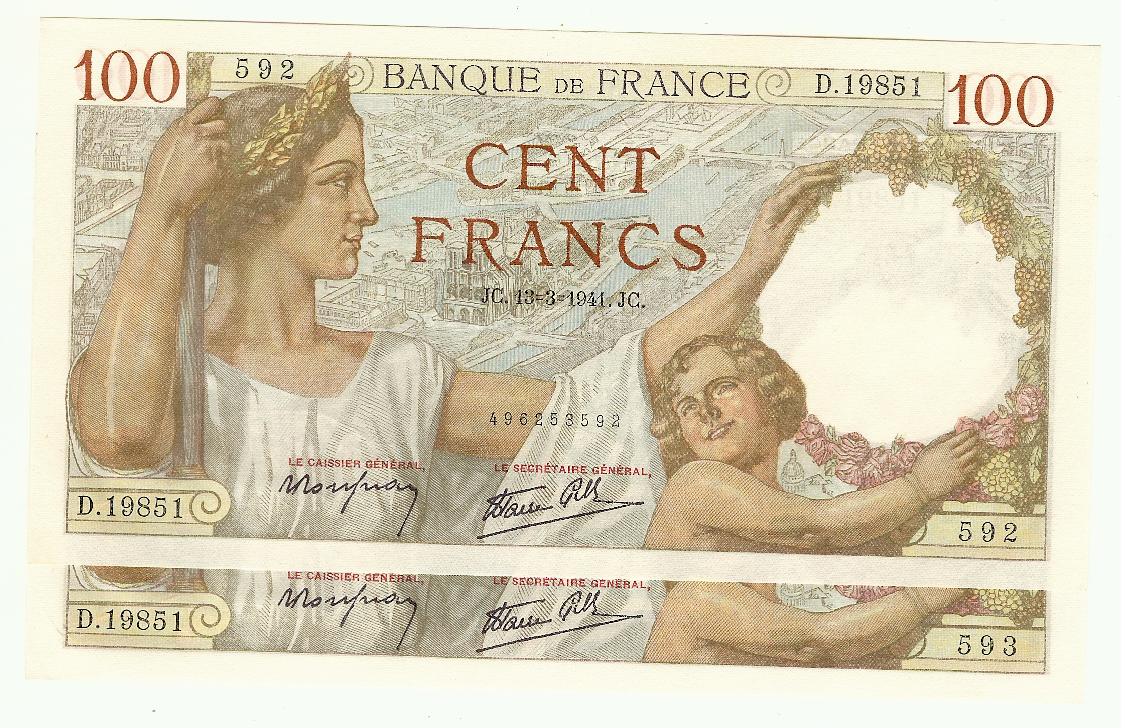 100 Francs (Sully) 13/3/1941 2 consecutive New